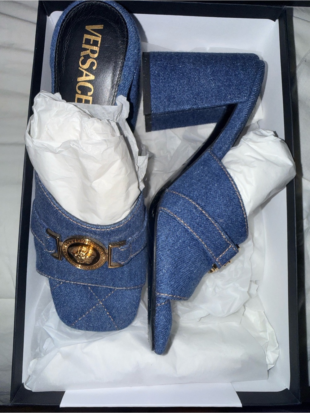 Versace Denim Blue Open-Toe Block Heel Mules with Gold Medusa